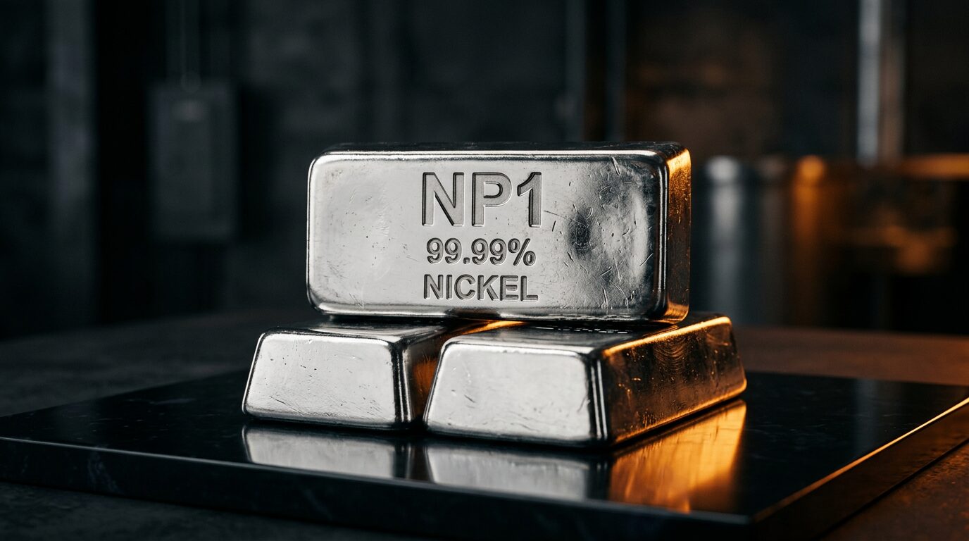 A cast ingot of 99.99% NP1 nickel — the material layer of hydrogen electrolysers, aerostructures, and compound semiconductor substrates.